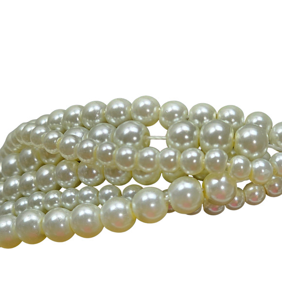 Faux Pearl Statement Necklace Multi Strand Cream Enamel Flowers Gold Tone Leaves - Picture 4 of 7